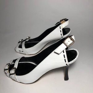 Manolo Blahnik White Leather Open-Toe Buckle Heels